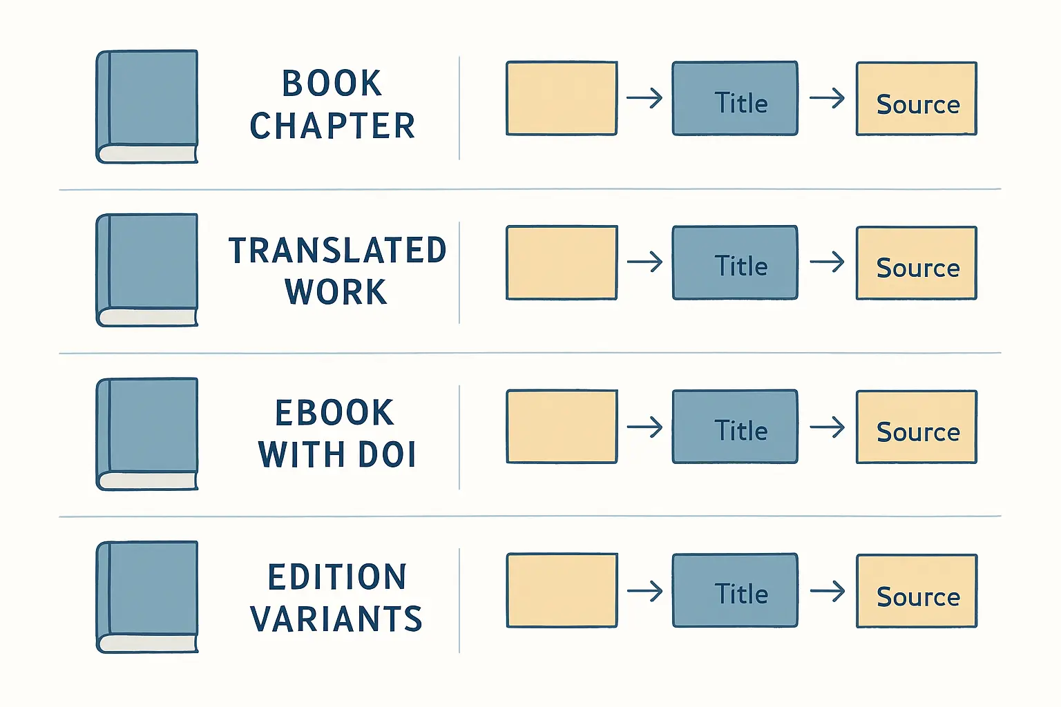 Diagrama comparativo de los formatos APA 7 para tipos especiales de referencia de libro: capítulo de obra editada, obra traducida, libro electrónico con DOI y edición específica