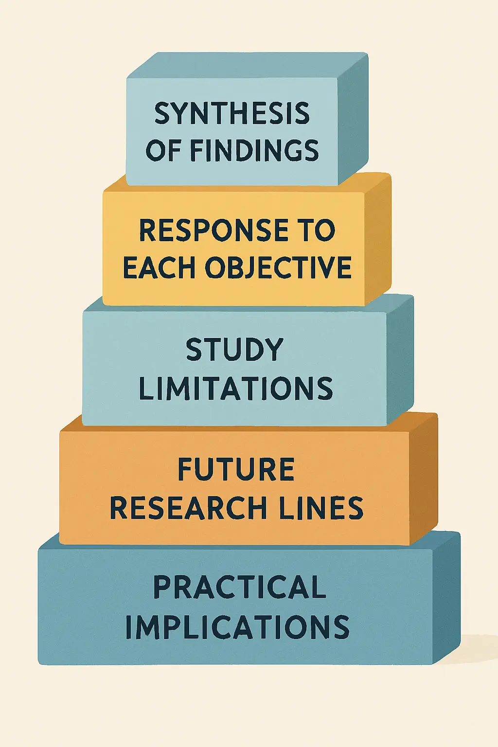 Diagrama de los cinco bloques esenciales de las conclusiones de un TFG: síntesis de hallazgos, respuesta a objetivos, limitaciones, líneas futuras e implicaciones prácticas