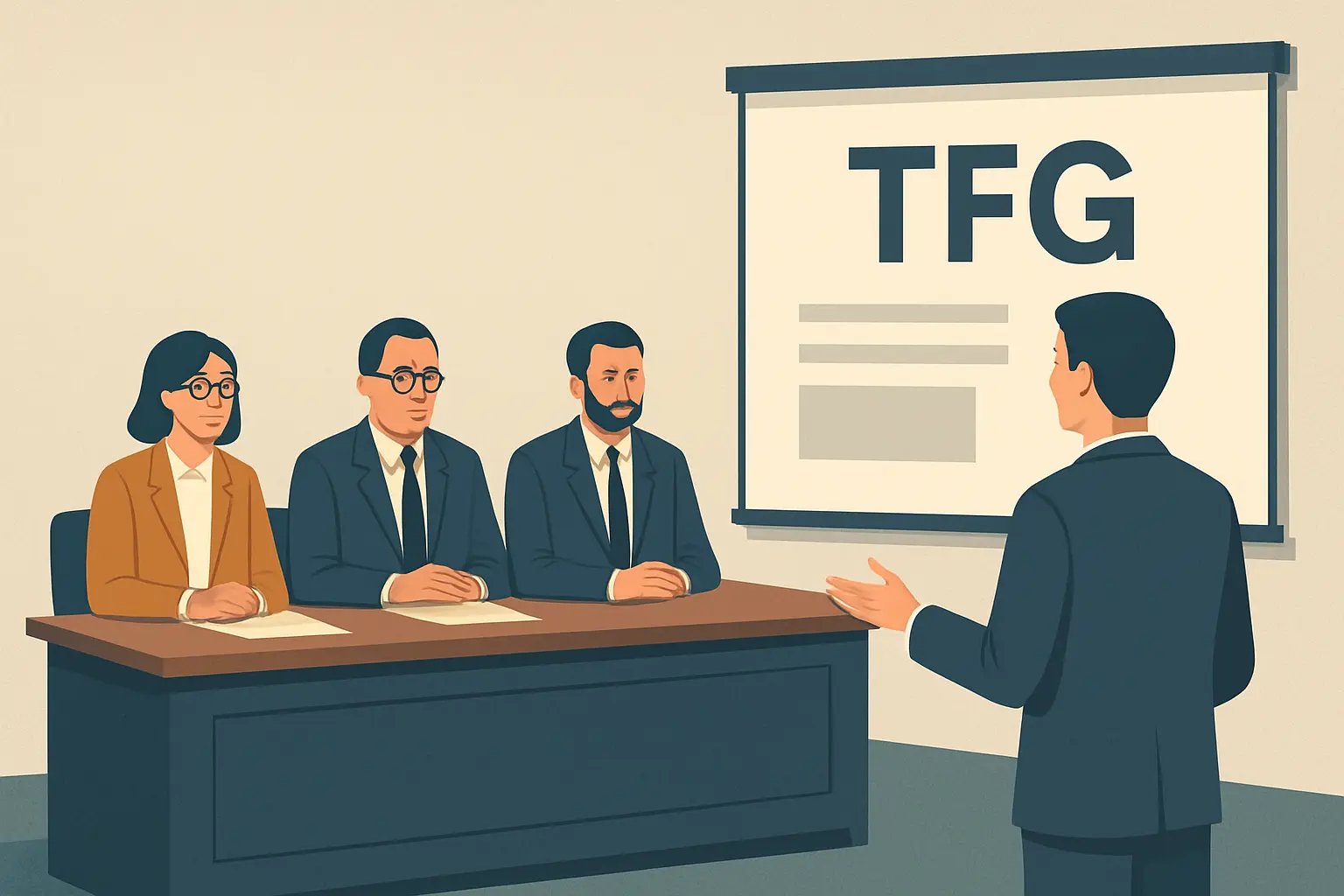 Ilustración de una defensa oral del TFG ante un tribunal universitario en España: tres profesores sentados en una mesa evaluadora escuchan la exposición del estudiante, quien presenta su Trabajo de Fin de Grado con apoyo visual