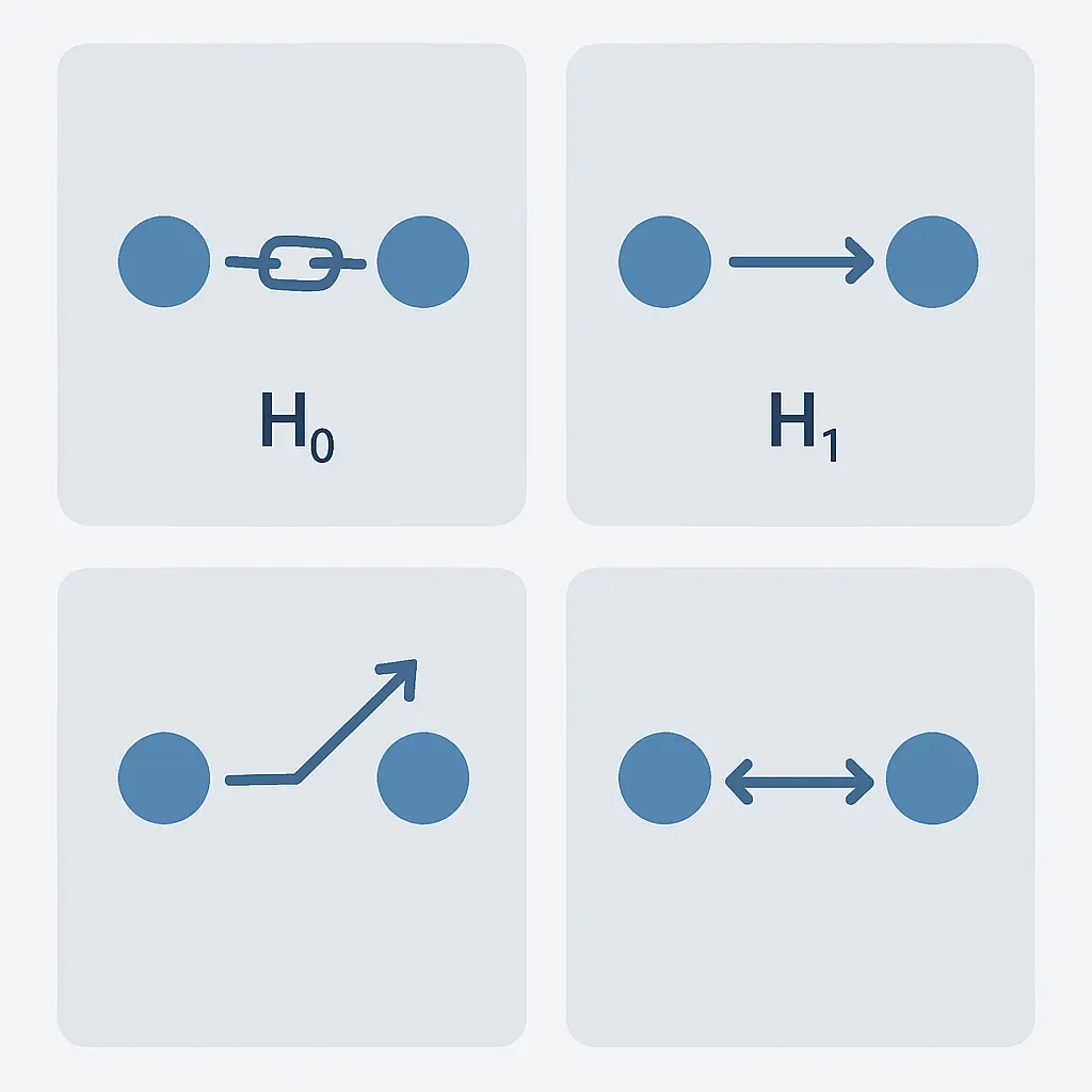 Diagrama de los cuatro tipos de hipótesis en un TFG: hipótesis nula H0, alternativa H1, direccional y no direccional