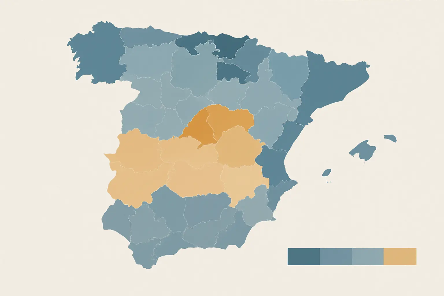 Mapa estilizado de España con las comunidades autónomas coloreadas según la tasa de inserción laboral de los graduados universitarios, destacando Cantabria, País Vasco y Extremadura como comunidades con mayor empleabilidad en informática y salud