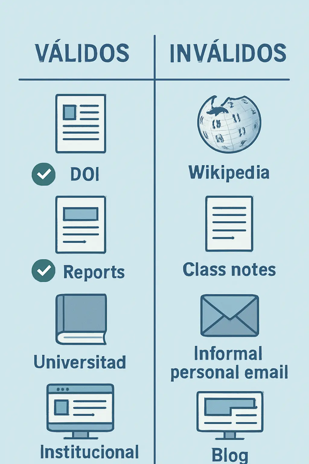 Qué cuenta como referencia válida en el TFG: fuentes aceptadas como artículos con DOI e informes oficiales frente a fuentes no válidas como Wikipedia o apuntes