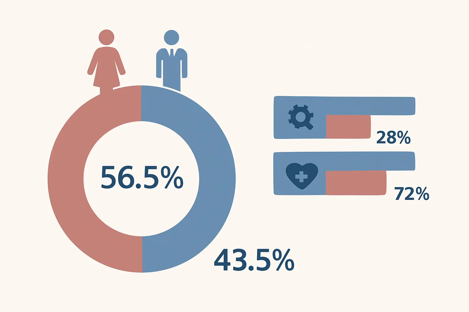 Distribución por sexo del alumnado universitario en España 2023-2024: 56,5% mujeres en el total, con desglose por Ingeniería (28% mujeres) y Ciencias de la Salud (72% mujeres)