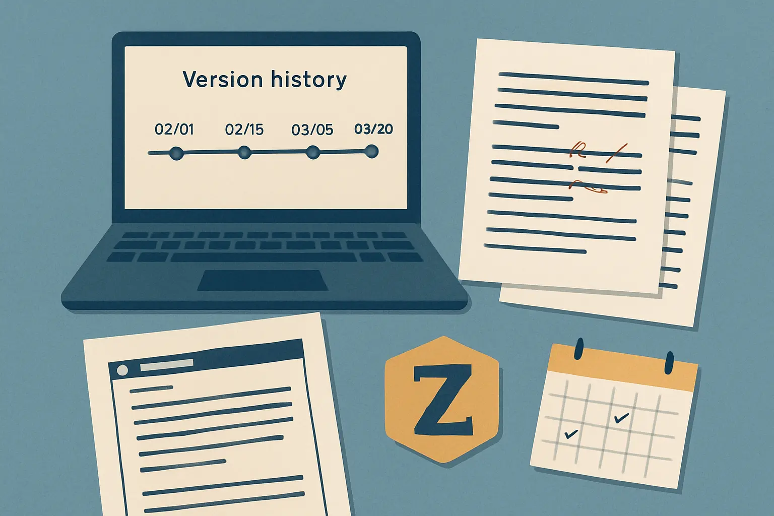 Ilustración de las evidencias para demostrar la autoría del TFG ante un detector de IA: historial de versiones, borradores fechados, correos con el tutor y registro de fuentes en Zotero