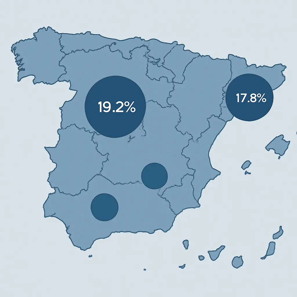 Mapa de España con la concentración de estudiantes universitarios por comunidad autónoma: Madrid con el 19,2% y Cataluña con el 17,8% según Datos y Cifras SUE 2025-2026 del Ministerio de Ciencia