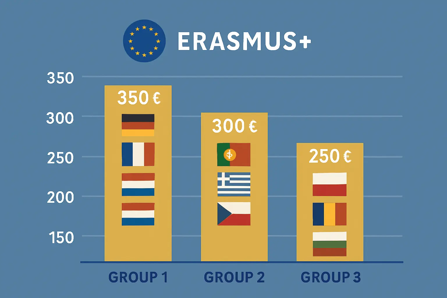 Gráfico comparativo de las cuantías mensuales de la beca Erasmus+ 2026 por grupo de país de destino: 350 €/mes para el Grupo 1 (Alemania, Francia, Países Bajos), 300 €/mes para el Grupo 2 (Portugal, Grecia) y 250 €/mes para el Grupo 3 (Polonia, Rumanía)