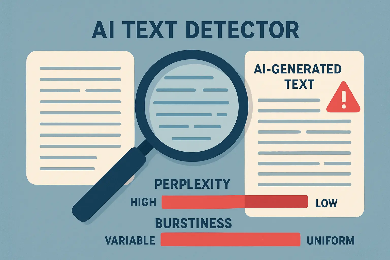 Ilustración de cómo analiza texto un detector de IA: métricas de perplejidad y burstiness aplicadas a texto humano y texto generado automáticamente