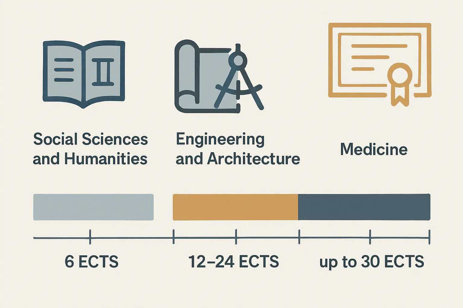 Ilustración comparativa de los créditos ECTS del TFG según la rama universitaria en España: 6 ECTS en Ciencias Sociales y Humanidades, entre 12 y 24 en Ingeniería y Arquitectura, y hasta 30 en grados de Medicina con más de 300 créditos totales