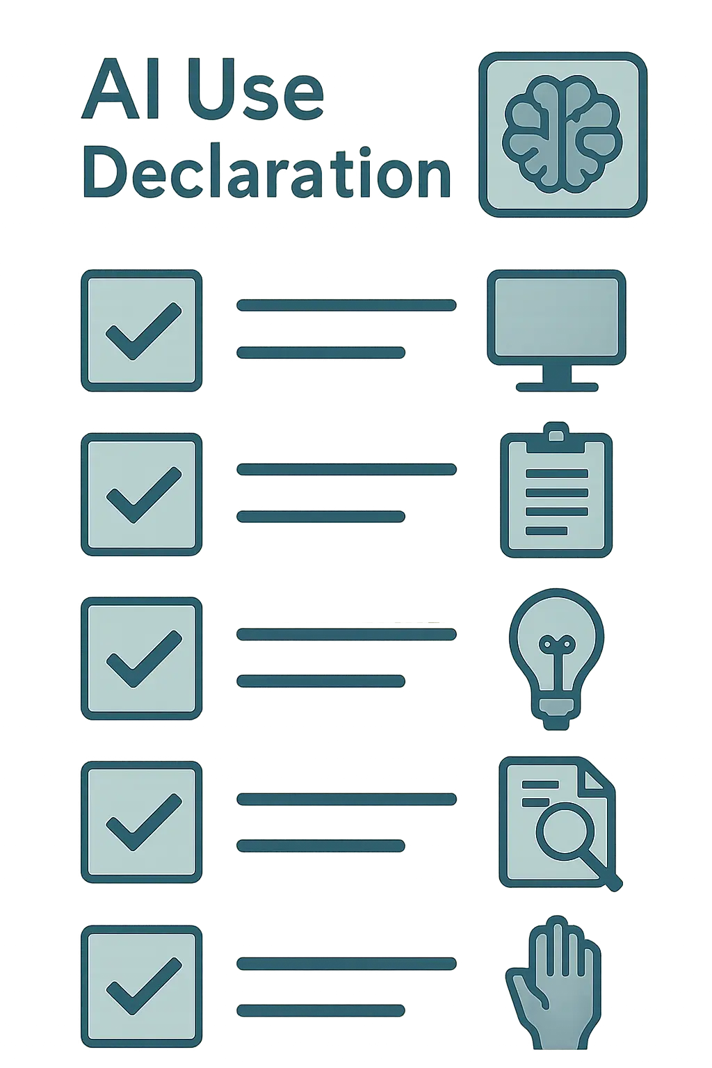 Checklist con los cinco elementos que debe incluir la declaración de uso de IA en el TFG: herramienta, tareas, contribución propia, verificación del contenido y responsabilidad intelectual