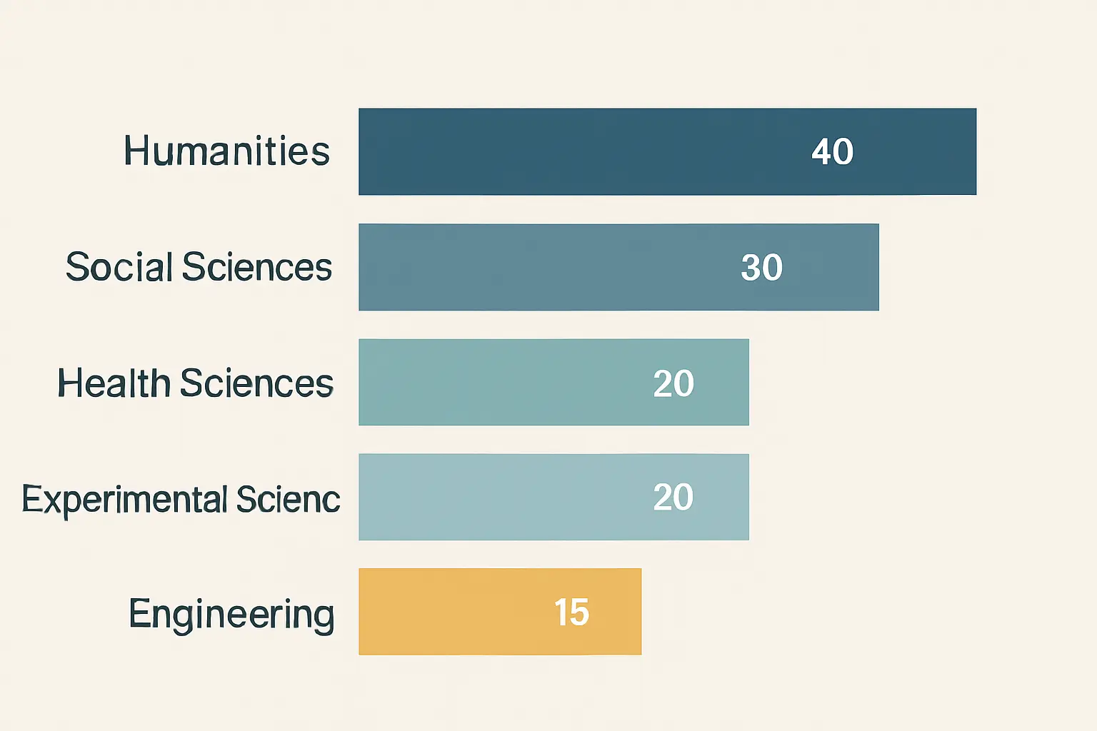 Gráfico de barras con el número de referencias recomendado por rama de conocimiento en un TFG: Humanidades 40-70, Ciencias Sociales 30-60, Salud 20-40, Ciencias 20-40, Ingeniería 15-35