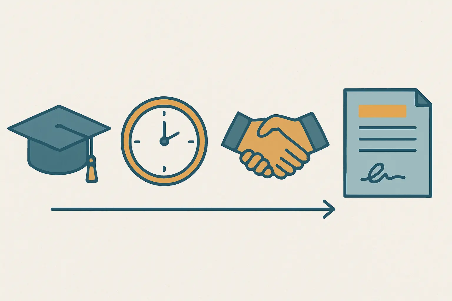 Línea de tiempo ilustrada que muestra las etapas desde la graduación universitaria hasta la obtención del primer contrato laboral en España: graduación, búsqueda de empleo en menos de tres meses y firma del contrato indefinido