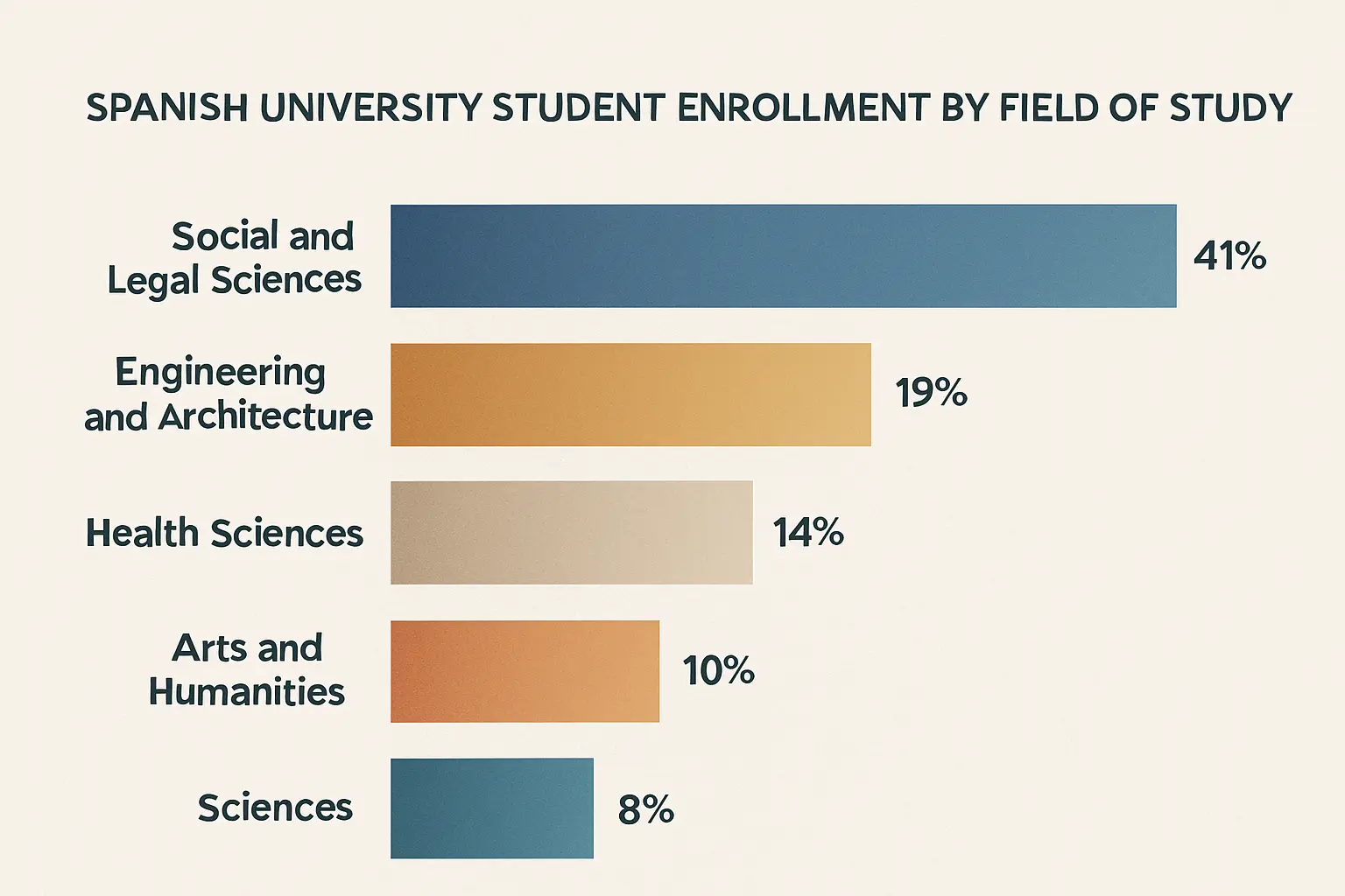 Gráfico de barras con el porcentaje de estudiantes universitarios en España por rama de conocimiento en 2023-2024 según el Ministerio de Ciencia (SIIU)