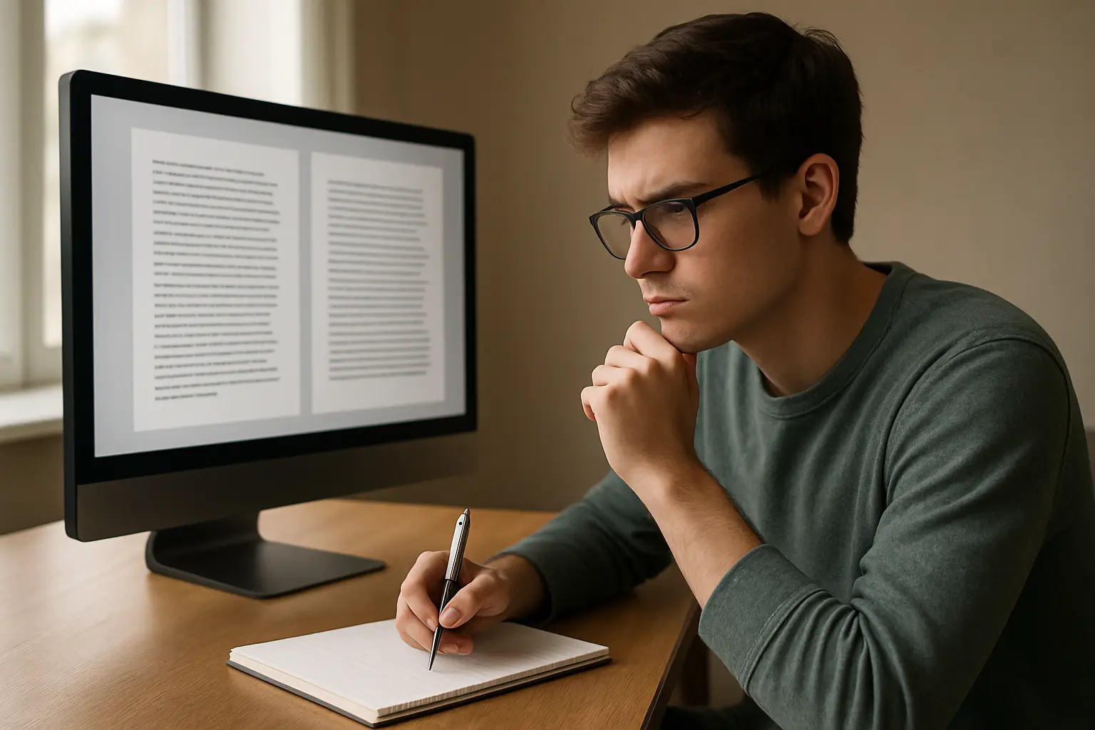 Estudiante comparando su propio parafraseo con el texto de la fuente original antes de entregar la tesis