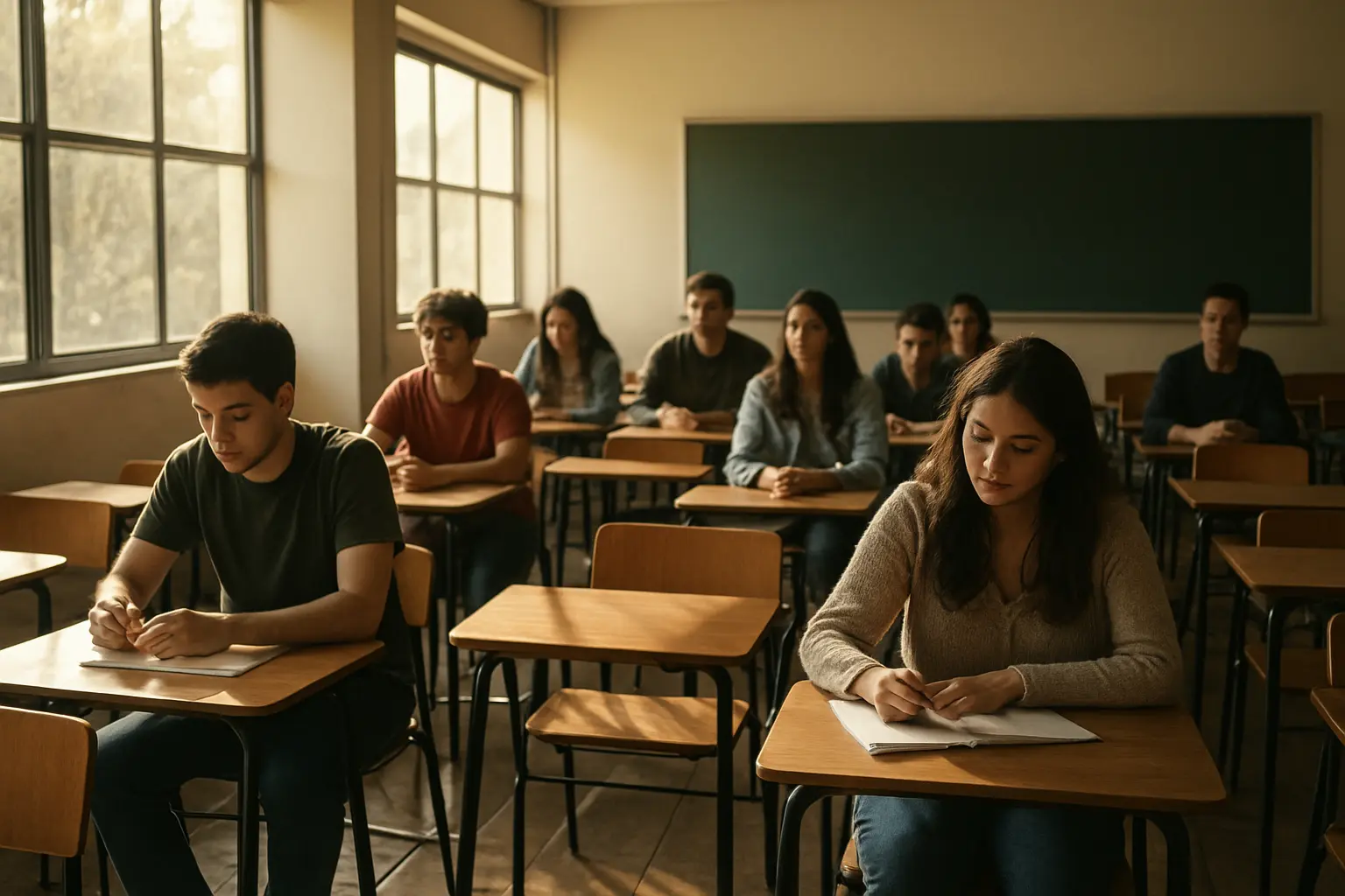 Aula universitaria latinoamericana con pupitres vacíos que simbolizan el abandono universitario