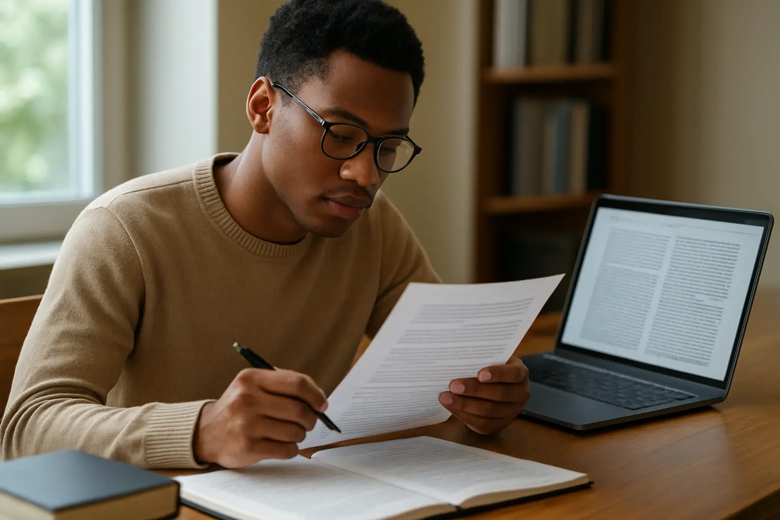 Estudiante verificando manualmente una cita bibliográfica sugerida por inteligencia artificial antes de incluirla en su tesis