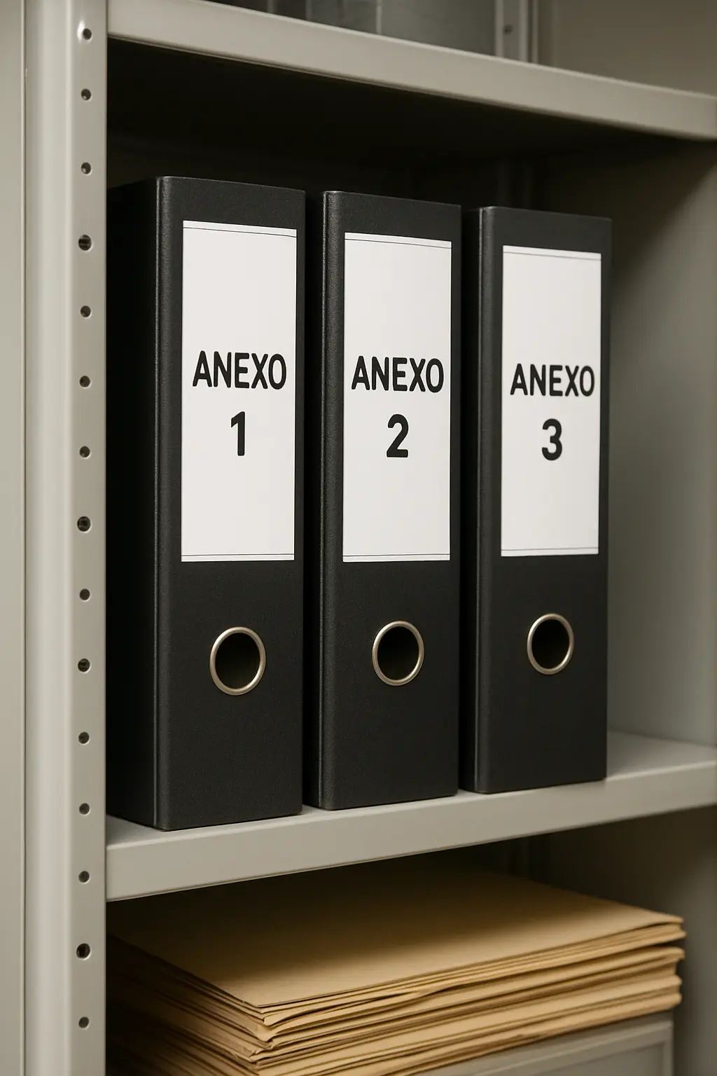 Carpetas archivadoras etiquetadas como Anexo 1, Anexo 2 y Anexo 3 de un TFG