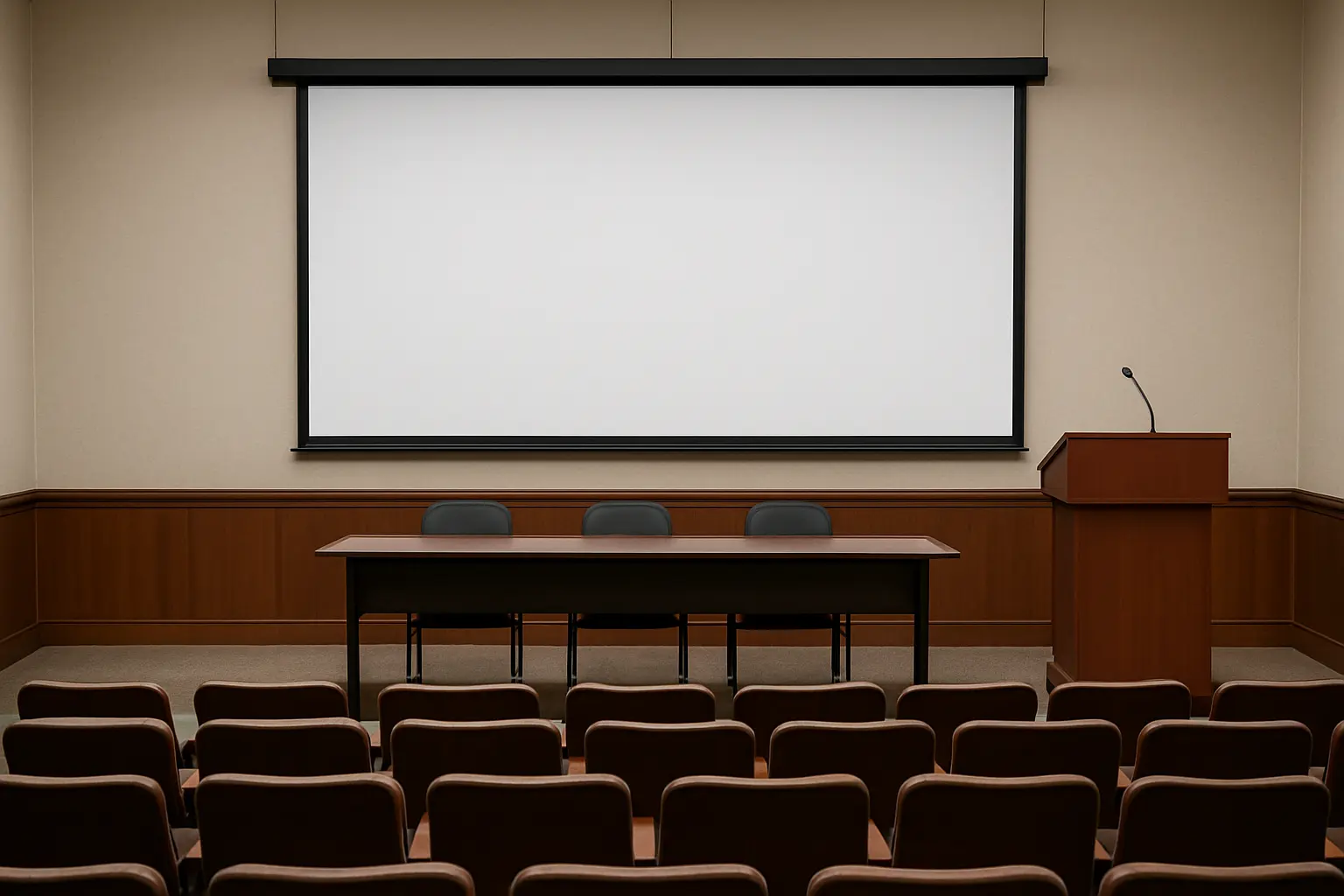 Sala de tribunal universitaria preparada para la defensa oral de un TFG
