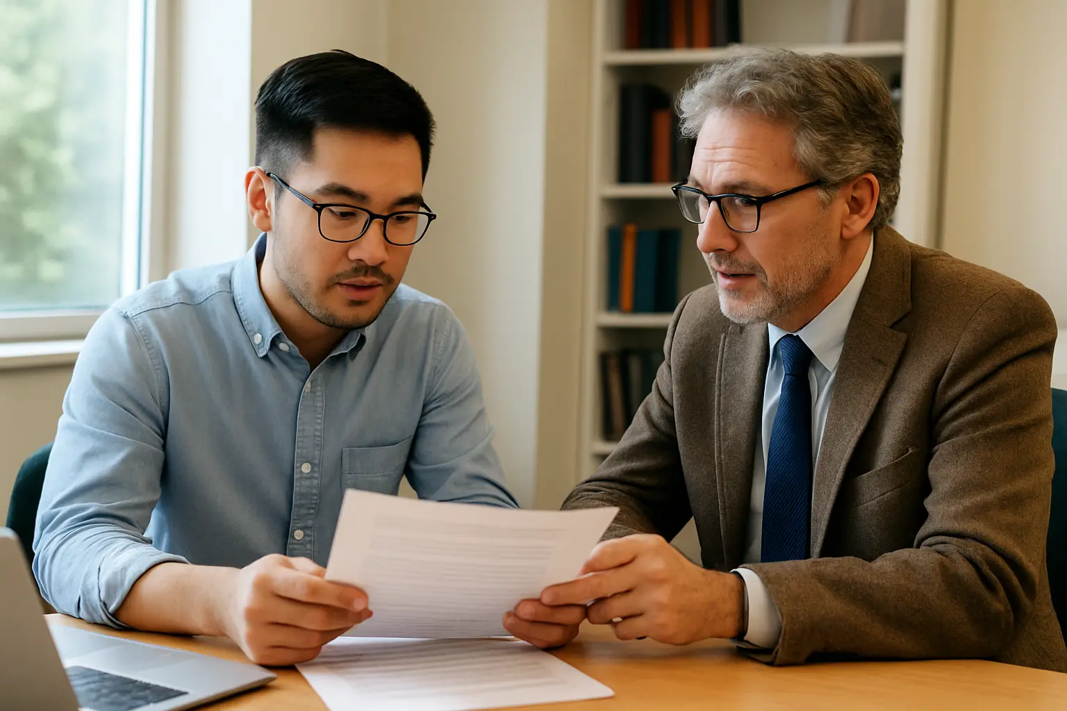 Estudiante de doctorado reunido con su tutor de tesis revisando el anteproyecto de investigación