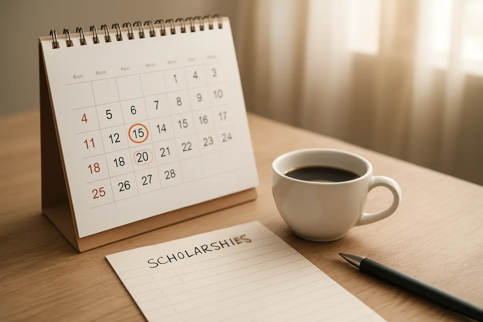 Calendario de escritorio con fechas de convocatorias de becas de posgrado marcadas