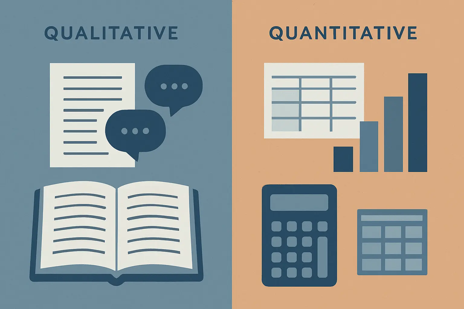 Ilustración comparativa entre metodología cualitativa y cuantitativa