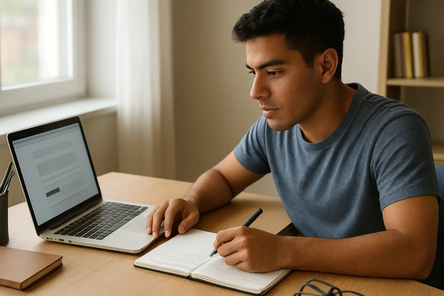 Estudiante latinoamericano investigando convocatorias de becas de posgrado en su laptop