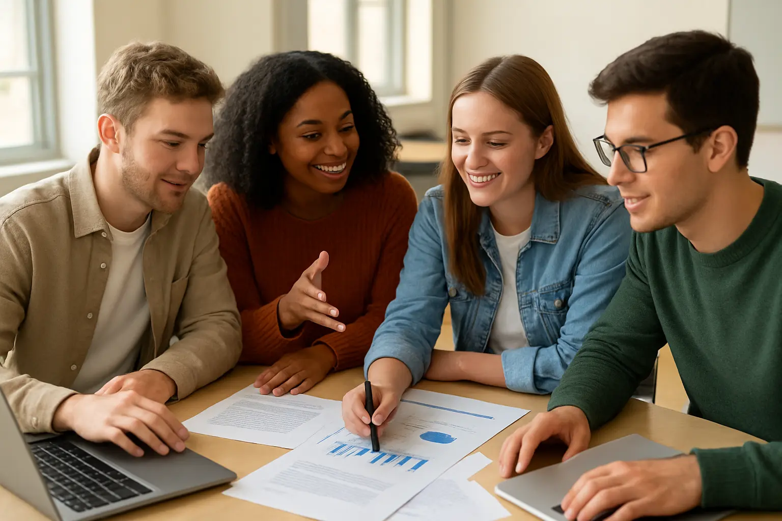Grupo de estudiantes universitarios trabajando juntos en su TFG