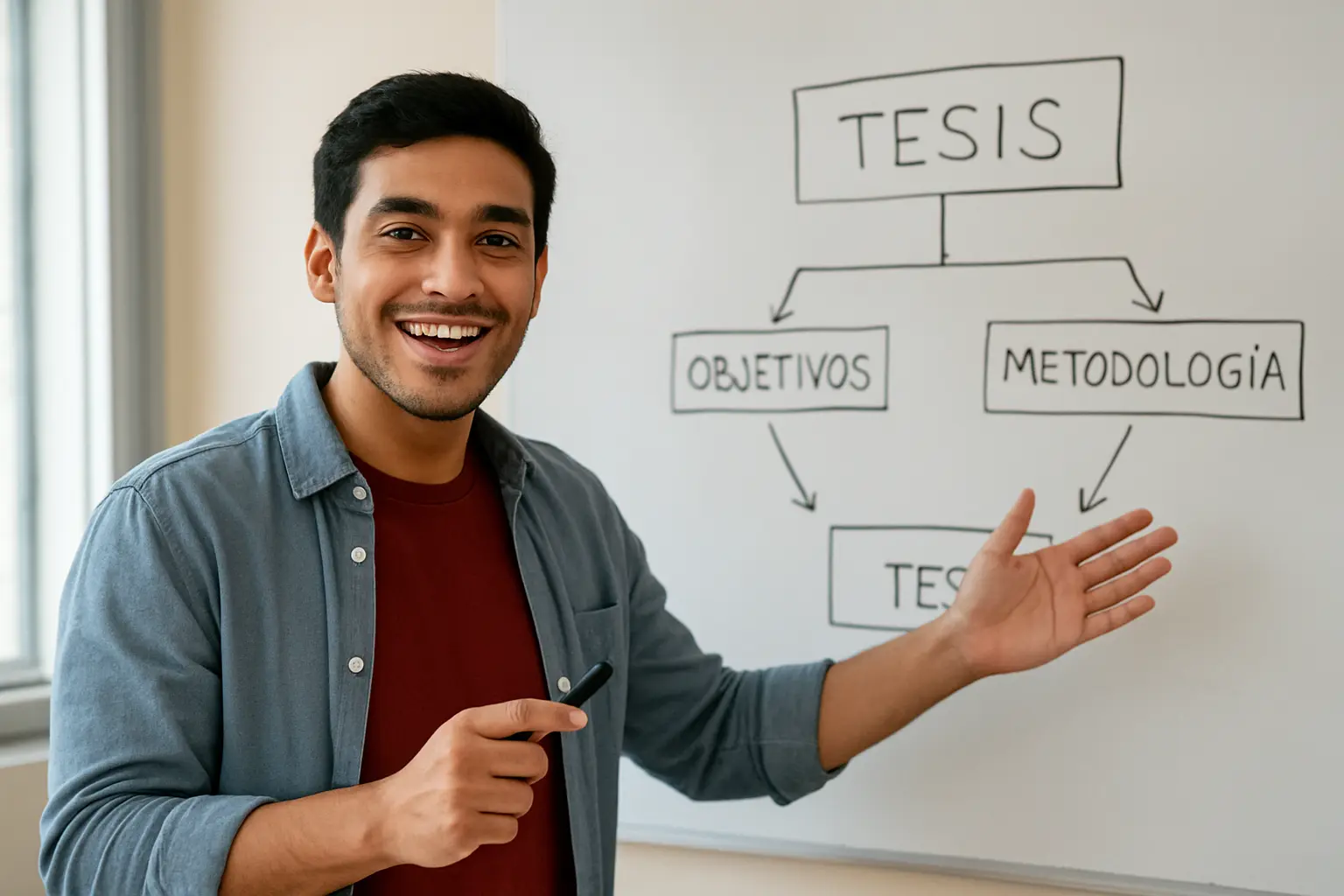 Estudiante explicando la relevancia de su proyecto de tesis frente a un esquema en una pizarra