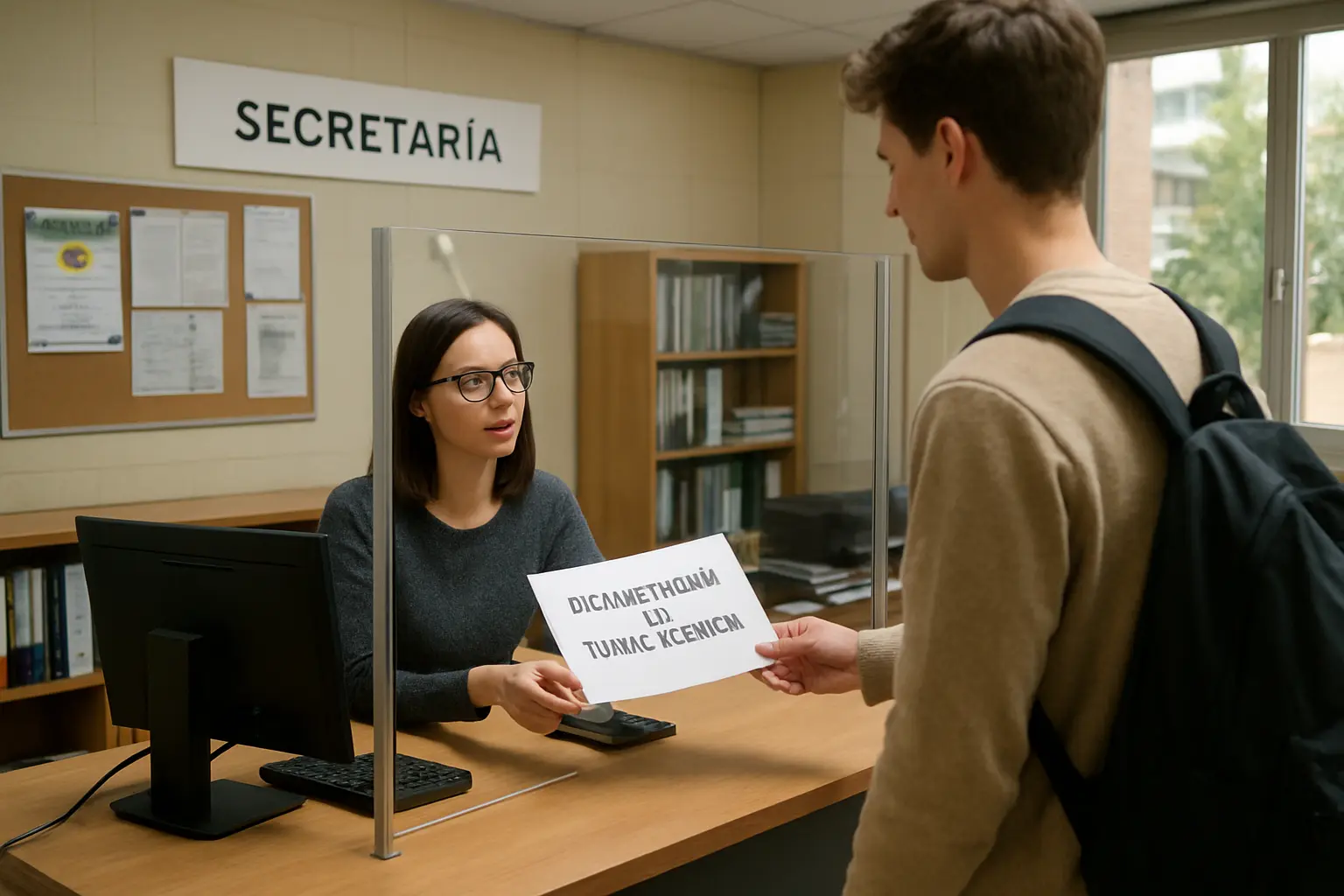 Estudiante entregando la solicitud de traslado de expediente en la secretaría universitaria