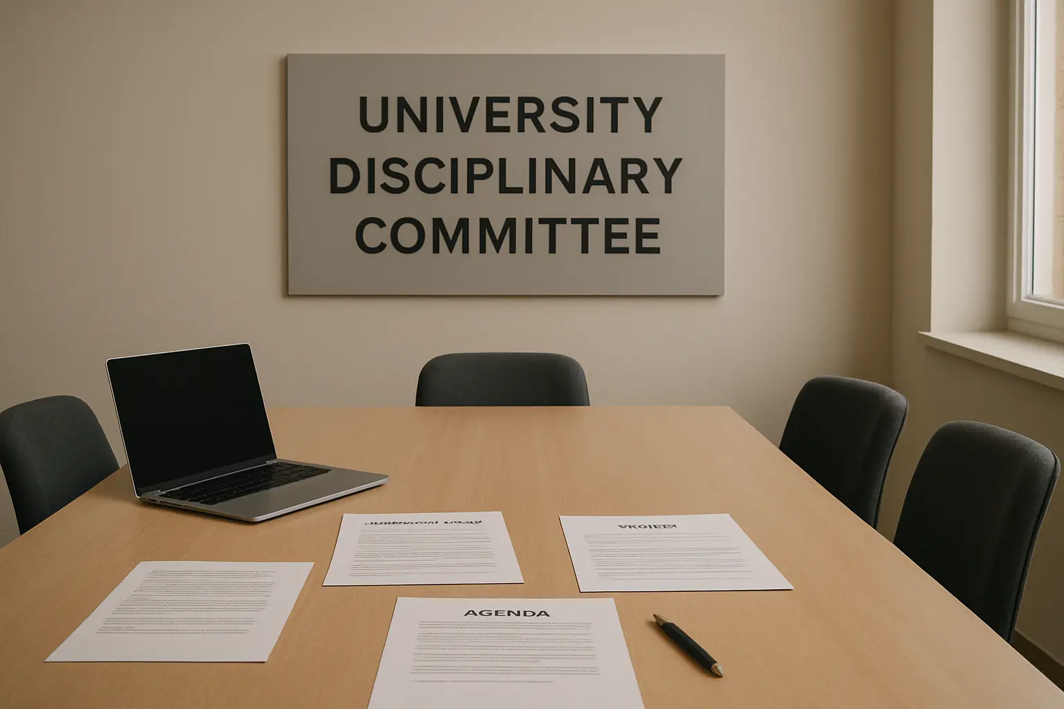 Sala de reunión de una comisión disciplinaria universitaria con documentos sobre la mesa