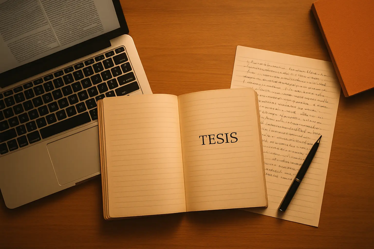 Escritorio de estudio con notas de tesis y referencias numeradas estilo Vancouver