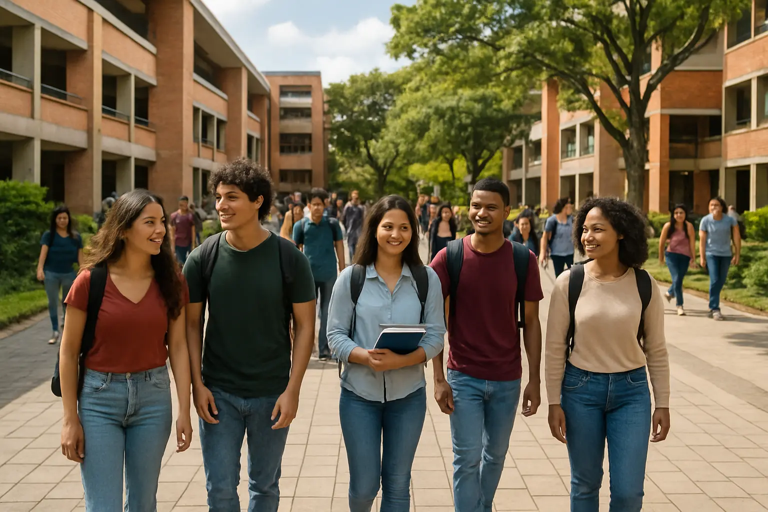 Estudiantes caminando en un campus universitario latinoamericano concurrido