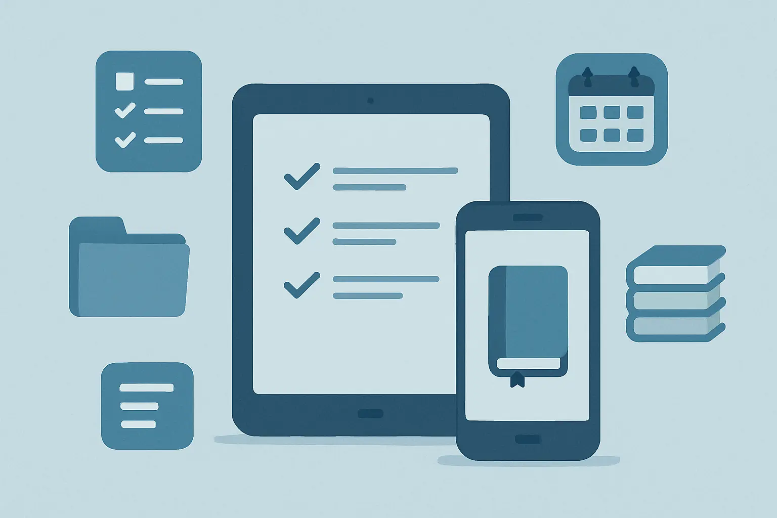 Ilustración editorial de una tablet y un móvil rodeados de iconos de aplicaciones para estudiar y organizar trabajos universitarios
