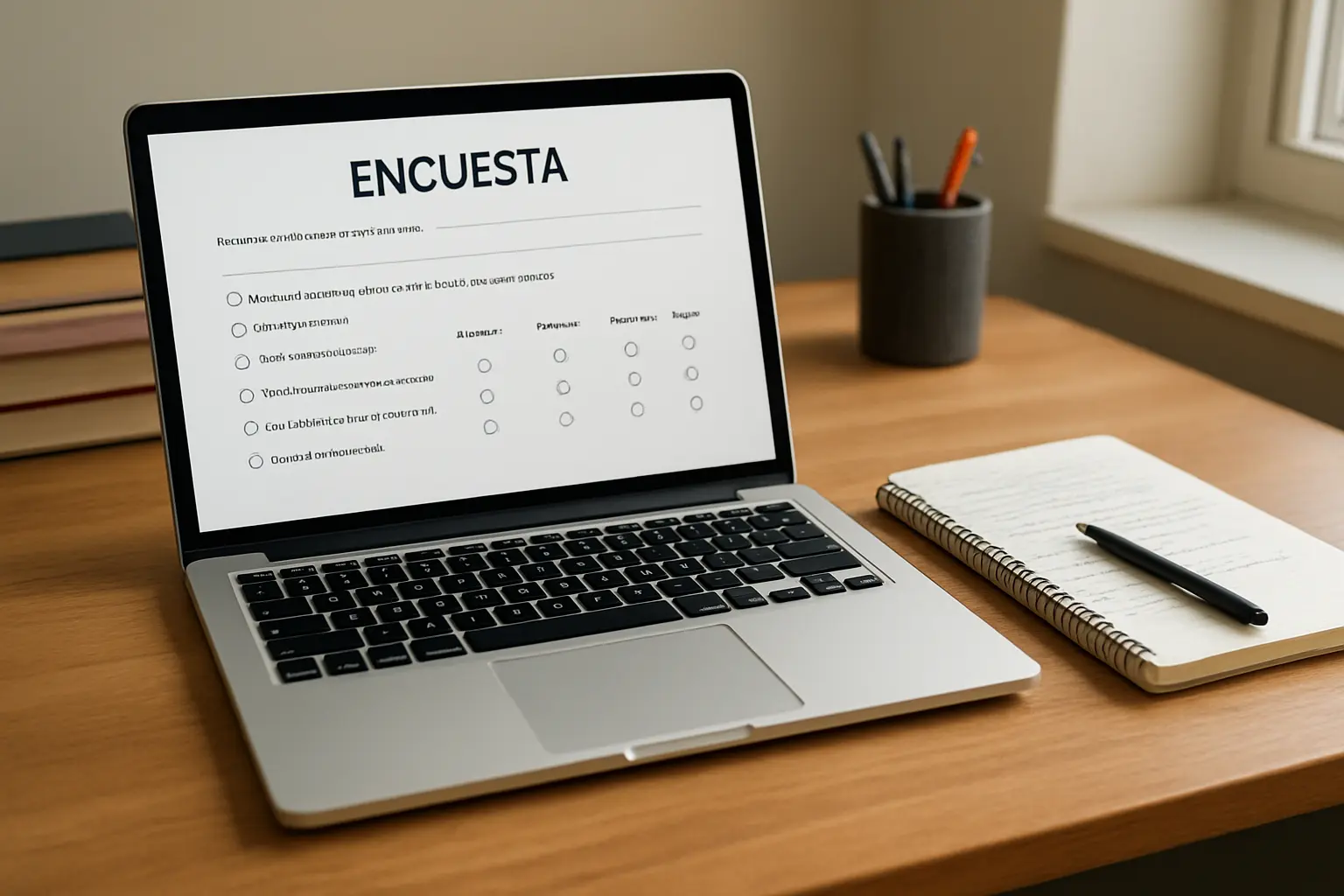 Estudiante diseñando una encuesta digital con preguntas de opción múltiple y escala Likert para su tesis