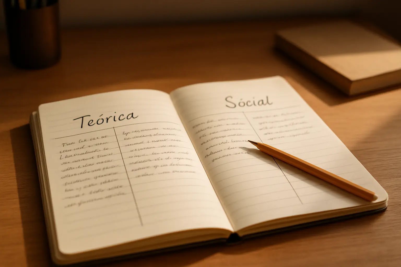 Cuaderno con tres columnas representando la relevancia teórica, práctica y social de una tesis