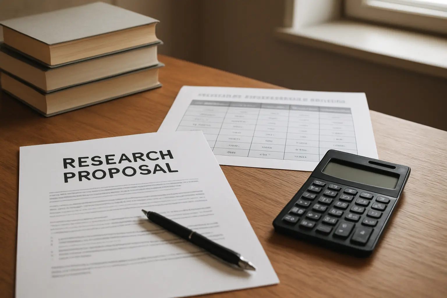 Escritorio con un anteproyecto de investigación y una comparación de becas doctorales por país en América Latina