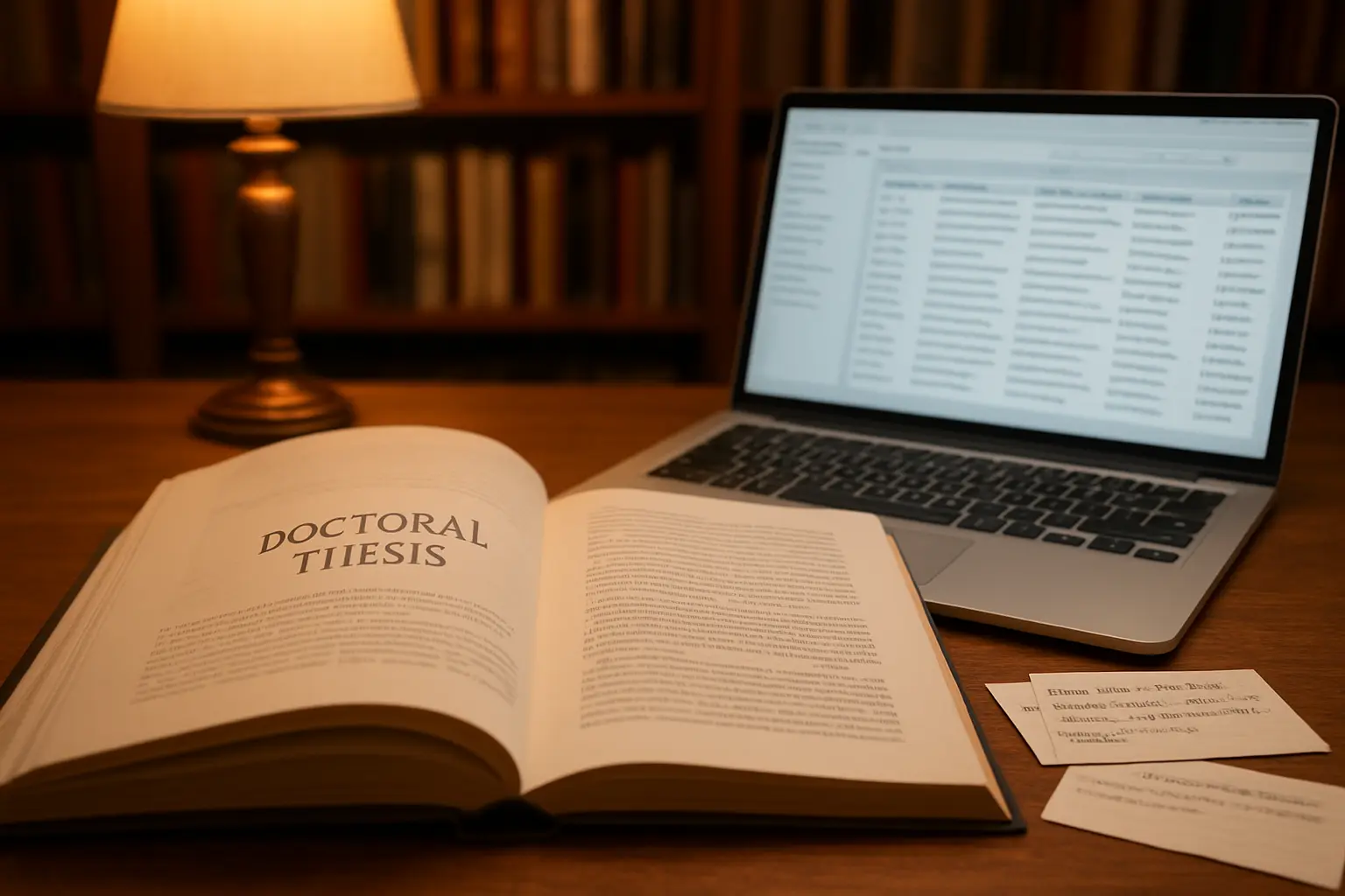 Escritorio académico con una tesis doctoral y fichas de referencias en APA 7