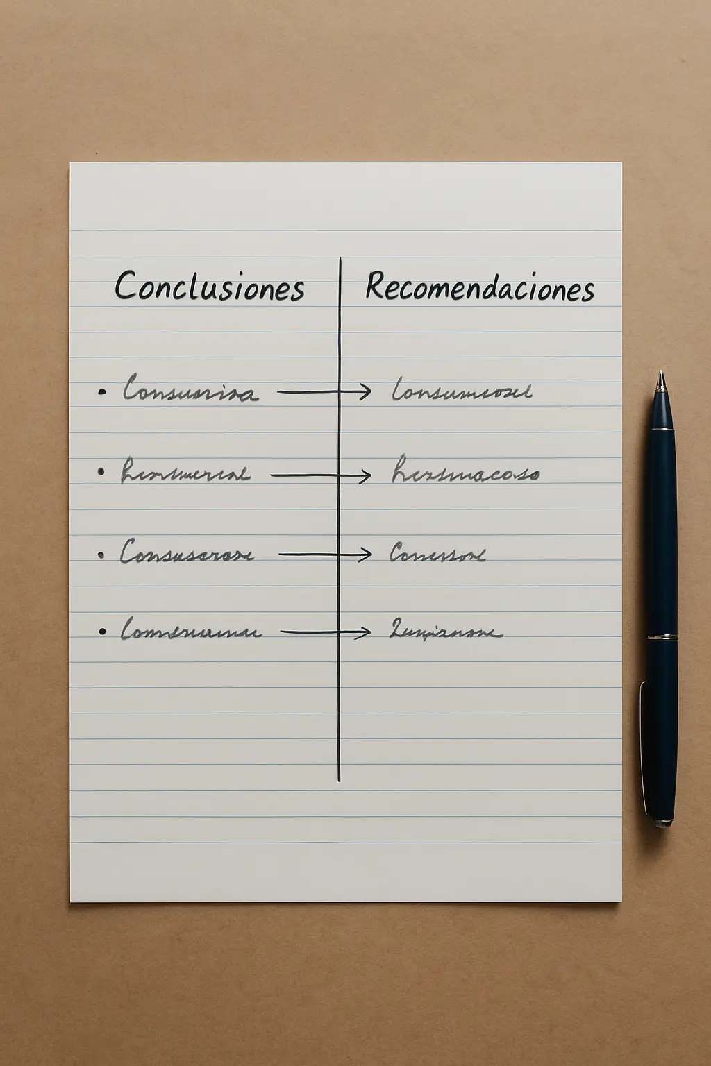 CDATA[
Las recomendaciones de una tesis proponen acciones futuras a partir de tus conclusiones: qué mejorar en la práctica, qué investigar después y qué sugerir a instituciones o profesionales. Se diferencian de las conclusiones en que estas resumen hallazgos, mientras que las recomendaciones miran hacia adelante. Se redactan en una lista breve, concreta y realista.
¿Qué son exactamente las recomendaciones de una tesis?
Las recomendaciones son el puente entre lo que descubriste y lo que alguien —tú mismo en una futura investigación, un profesional del área o una institución— podría hacer con esa información. No son un resumen ni una repetición de tus hallazgos: son propuestas de acción concretas que solo tienen sentido si se apoyan directamente en lo que encontraste. Una recomendación que no se puede rastrear hasta un hallazgo específico de tu tesis es, en realidad, una opinión general que no aporta valor académico y que un tribunal puede señalar como debilidad. Algunos programas de posgrado incluso piden que cada recomendación cite explícitamente el hallazgo o la conclusión de la que se deriva, lo que obliga al estudiante a mantener esa conexión visible.
¿En qué se diferencian de las conclusiones?
Esta es la confusión más común entre estudiantes que llegan al final de su tesis: mezclar ambos apartados o repetir en las recomendaciones lo mismo que ya dijeron en las conclusiones. La diferencia es de tiempo verbal y de función. Las conclusiones responden a la pregunta «¿qué encontré?» y se escriben en un tono de cierre, resumiendo los hallazgos principales en relación con tus objetivos de investigación. Las recomendaciones responden a la pregunta «¿y ahora qué?» y se escriben en un tono propositivo, orientado a la acción futura. Si tu conclusión dice «se encontró que el 60 % de los estudiantes no usa técnicas de estudio activo», tu recomendación no debería repetir ese dato, sino proponer algo como «se recomienda que la institución incorpore un taller de técnicas de estudio en el primer semestre». Si quieres repasar primero cómo se redacta bien ese apartado previo, esta guía sobre cómo hacer las conclusiones de una tesis cubre la estructura completa con ejemplos por área.
![Hoja con dos columnas comparando conclusiones y recomendaciones de una tesis