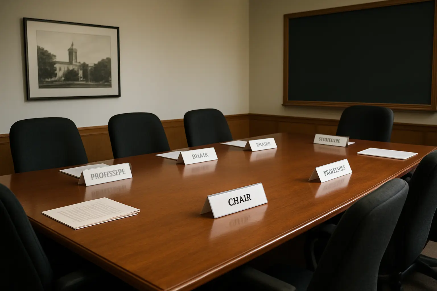 Sala de reuniones de un comité de ética universitario con documentos sobre la mesa