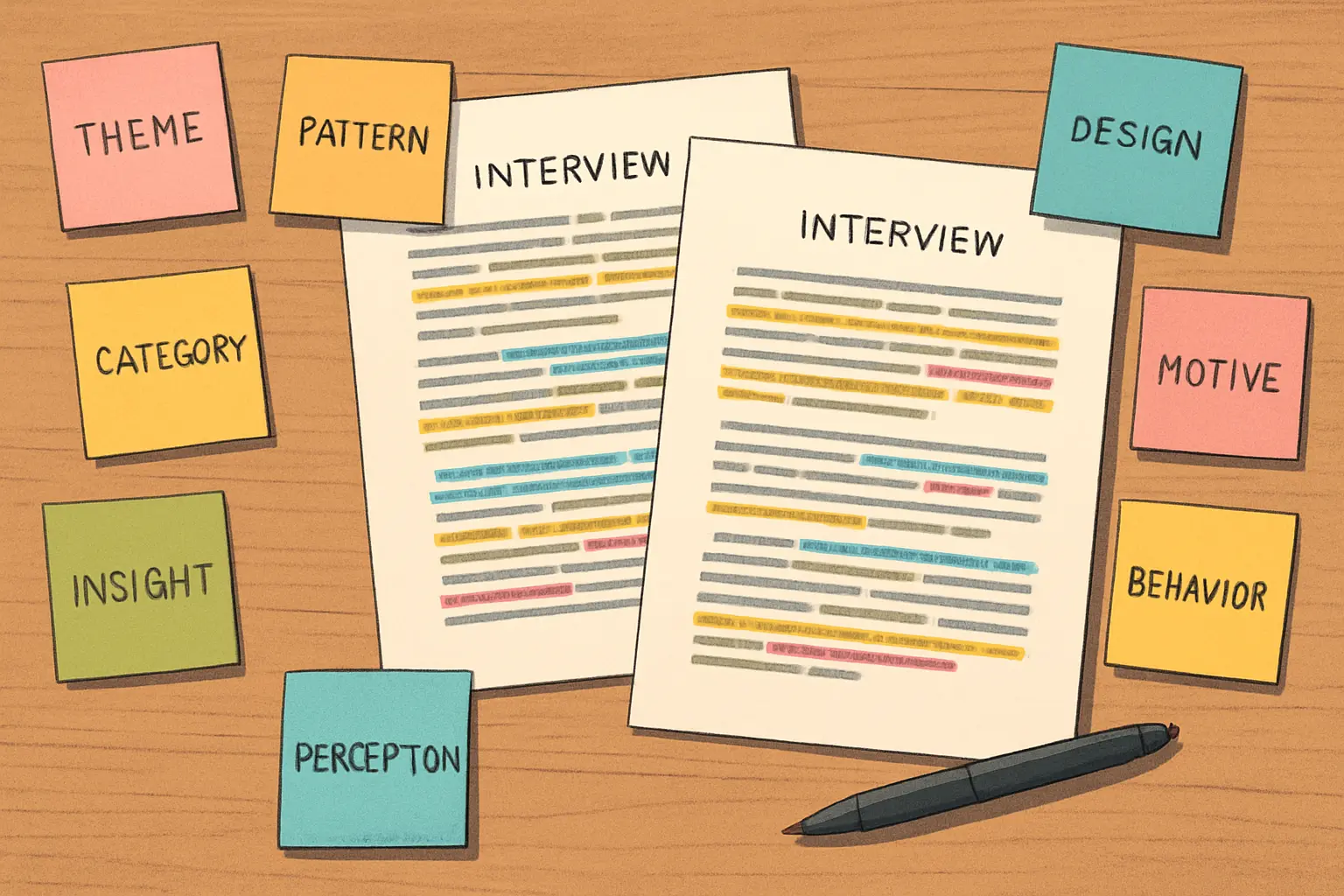 Notas adhesivas de colores sobre una transcripción de entrevista mostrando la codificación cualitativa