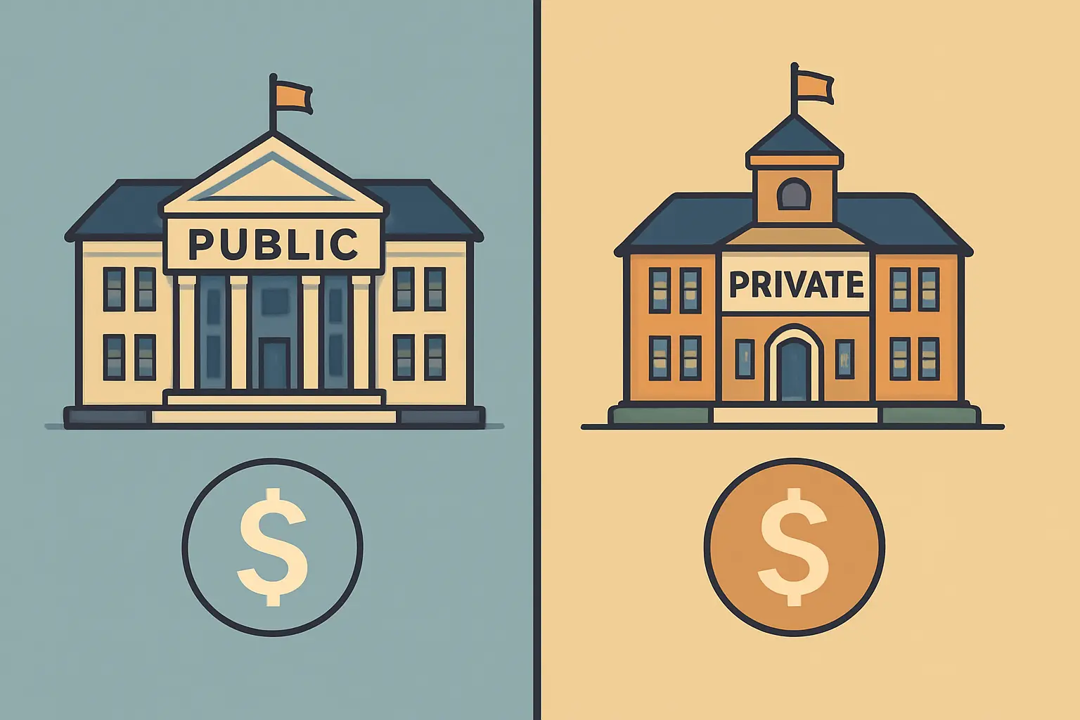 Ilustración comparativa entre un edificio de universidad pública y uno de universidad privada en España