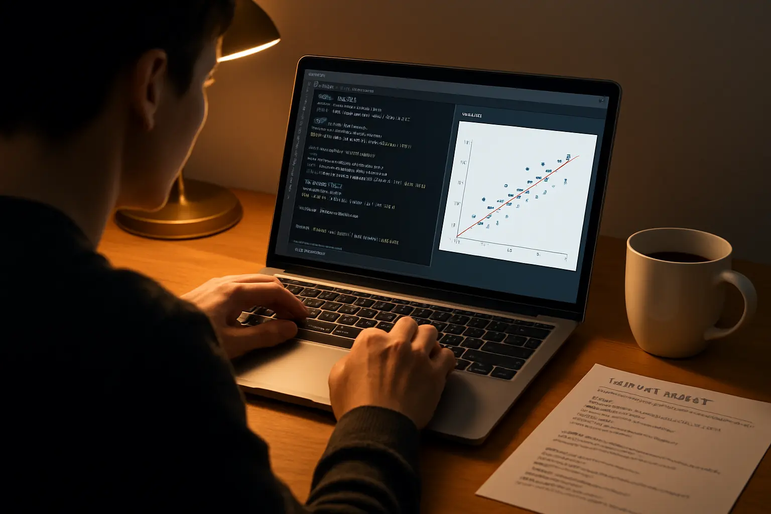 Estudiante escribiendo código de análisis estadístico en un entorno de programación