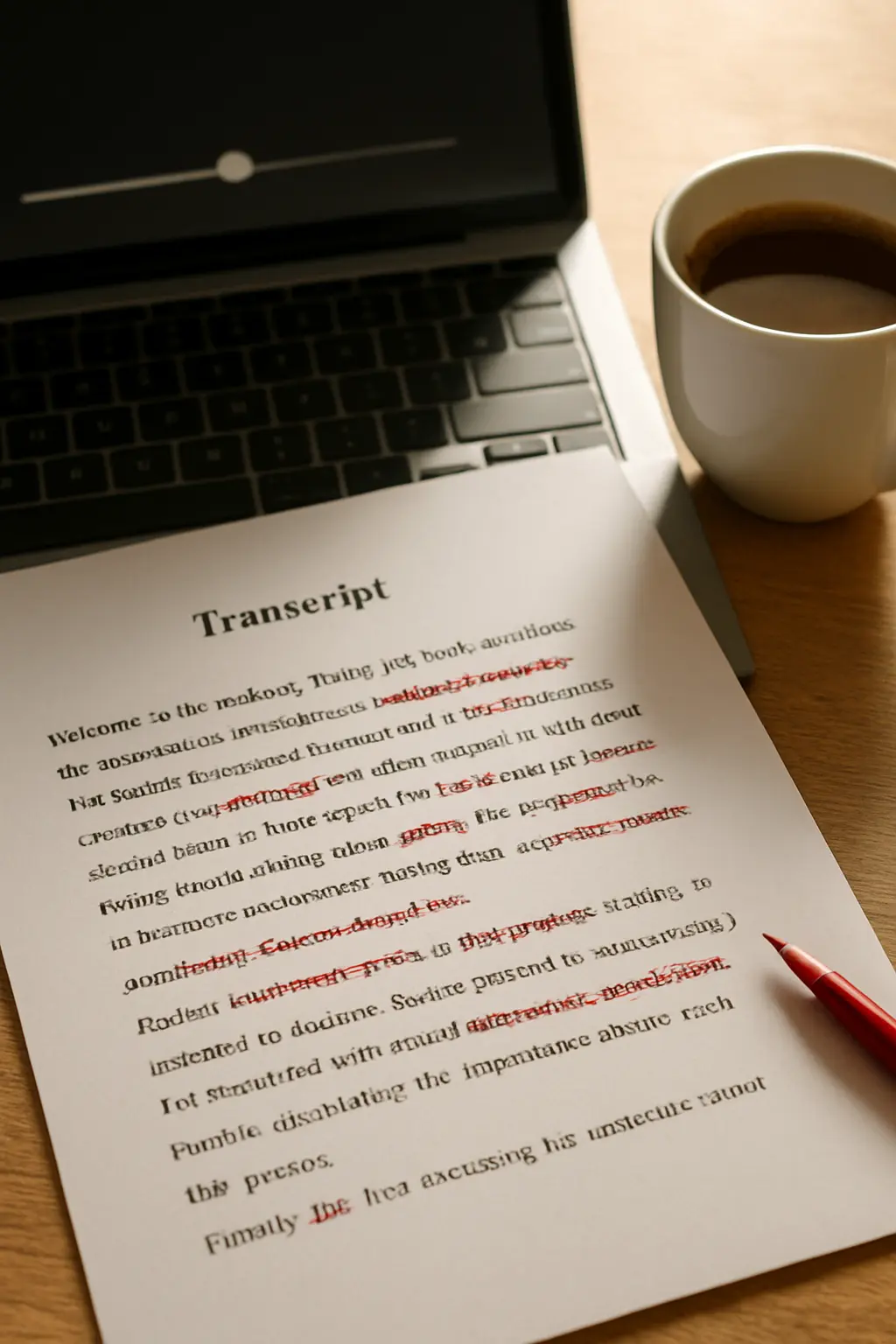 Revisión manual de una transcripción automática corrigiendo términos técnicos mal reconocidos