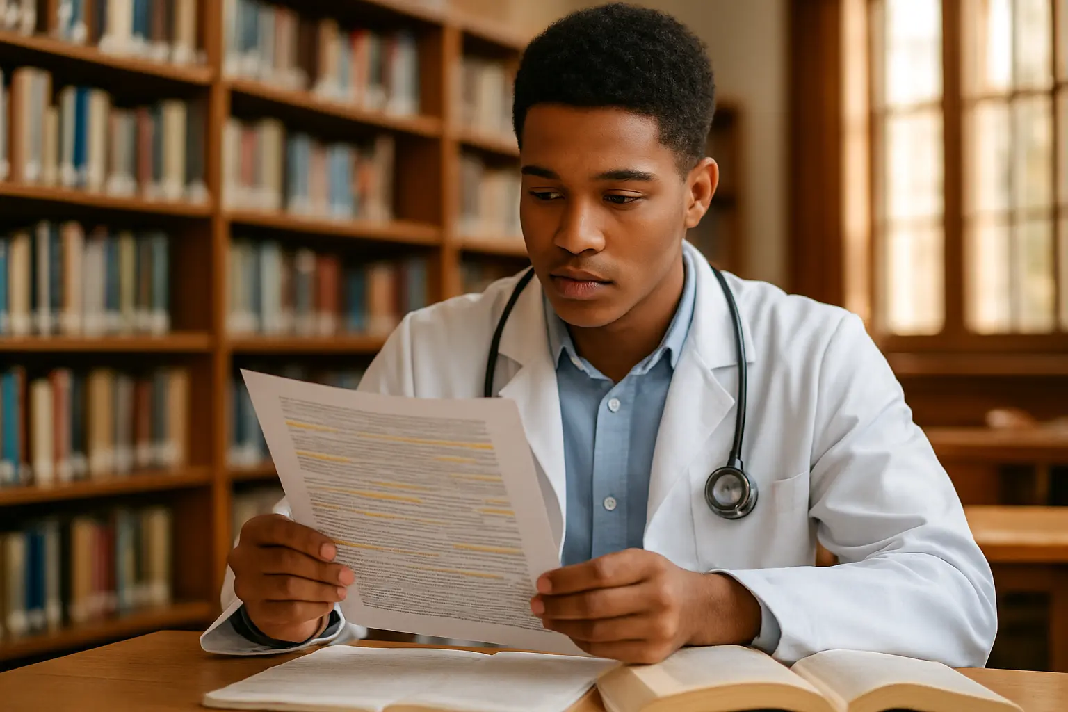 Estudiante de ciencias de la salud revisando referencias numeradas estilo Vancouver en una biblioteca universitaria