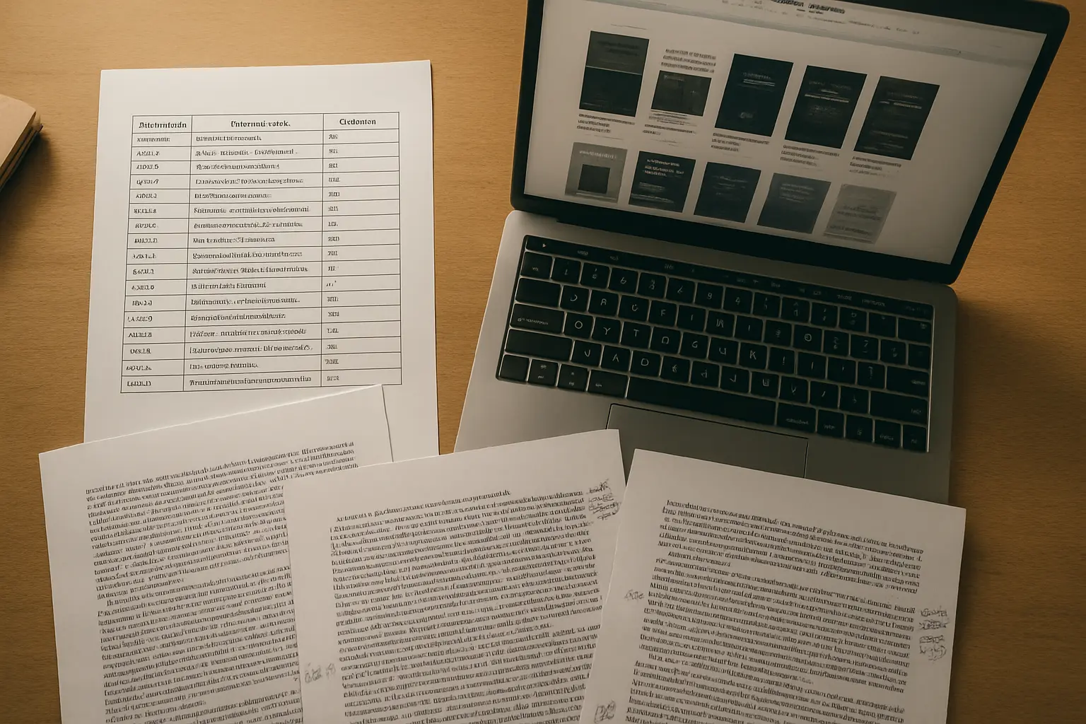 Escritorio con un sistema de organización de fuentes académicas descargadas para una tesis