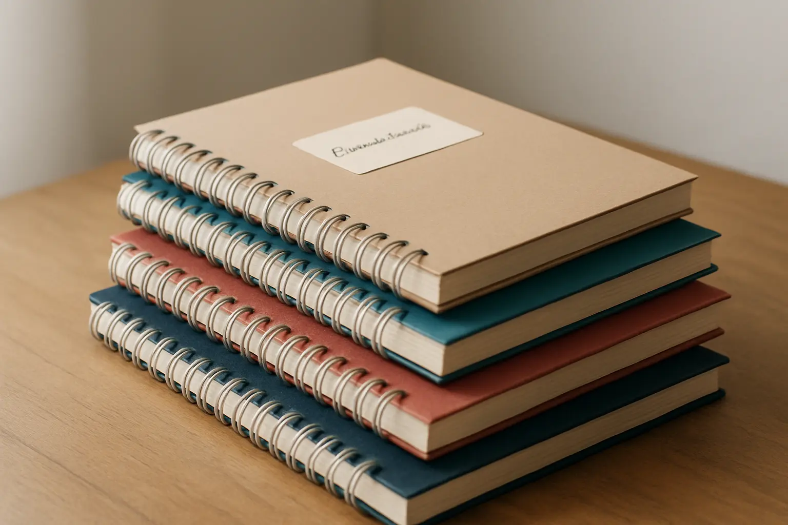 Cuatro cuadernos representando los distintos formatos de trabajo final académico: tesis, tesina, monografía y trabajo de grado