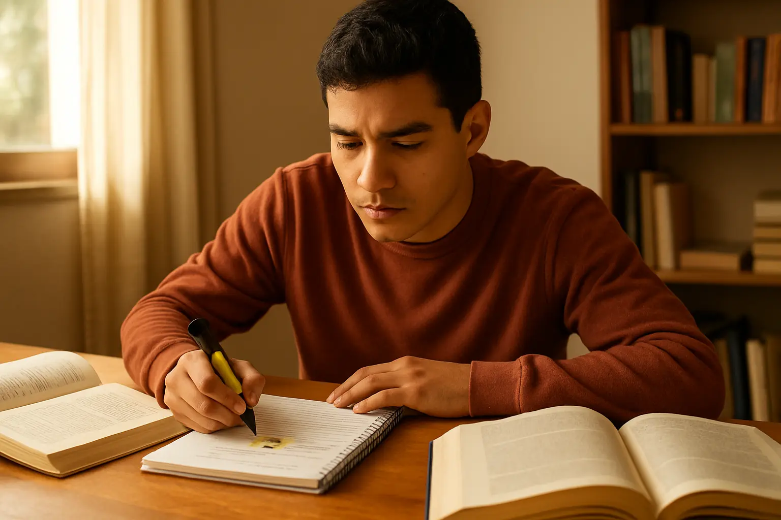 Estudiante subrayando la pregunta de investigación de su tesis en un cuaderno rodeado de libros de metodología