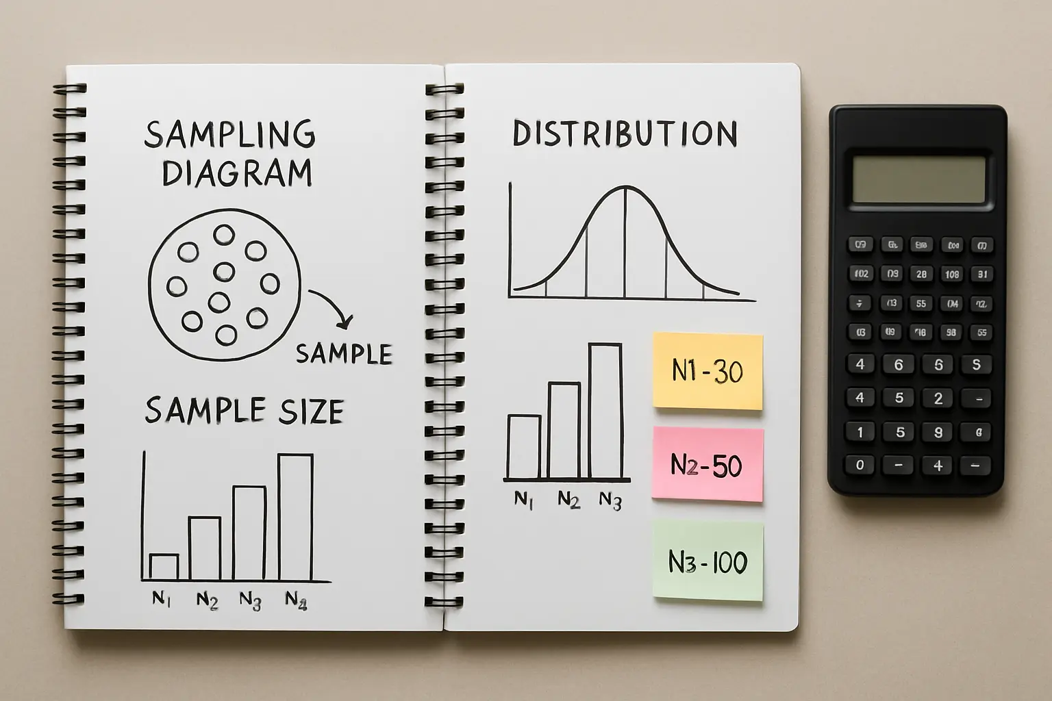 Cuadernos con esquemas de muestreo y gráficos de distribución de una muestra de estudio