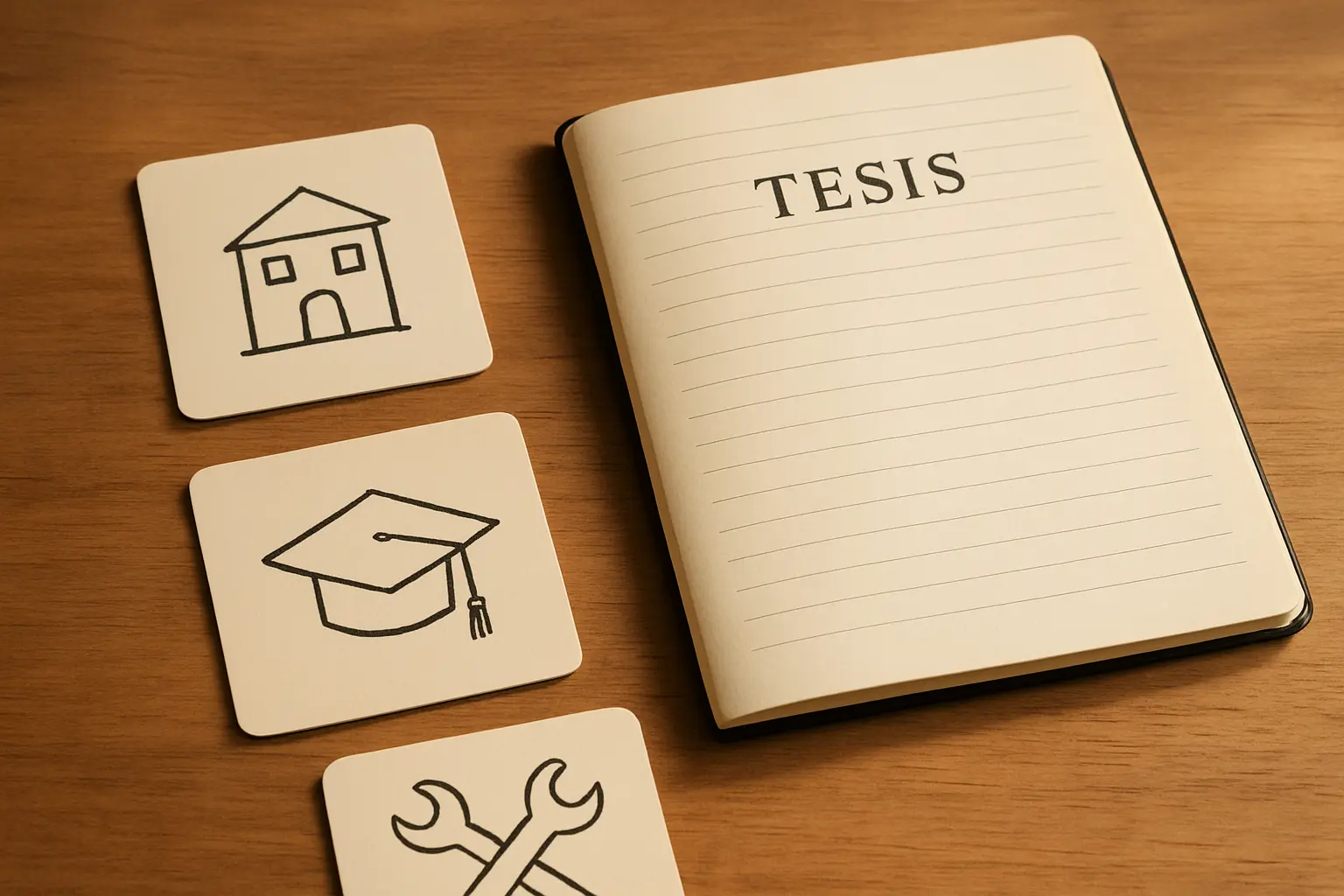 Fichas representando los tres tipos de recomendaciones de una tesis: prácticas, académicas e institucionales