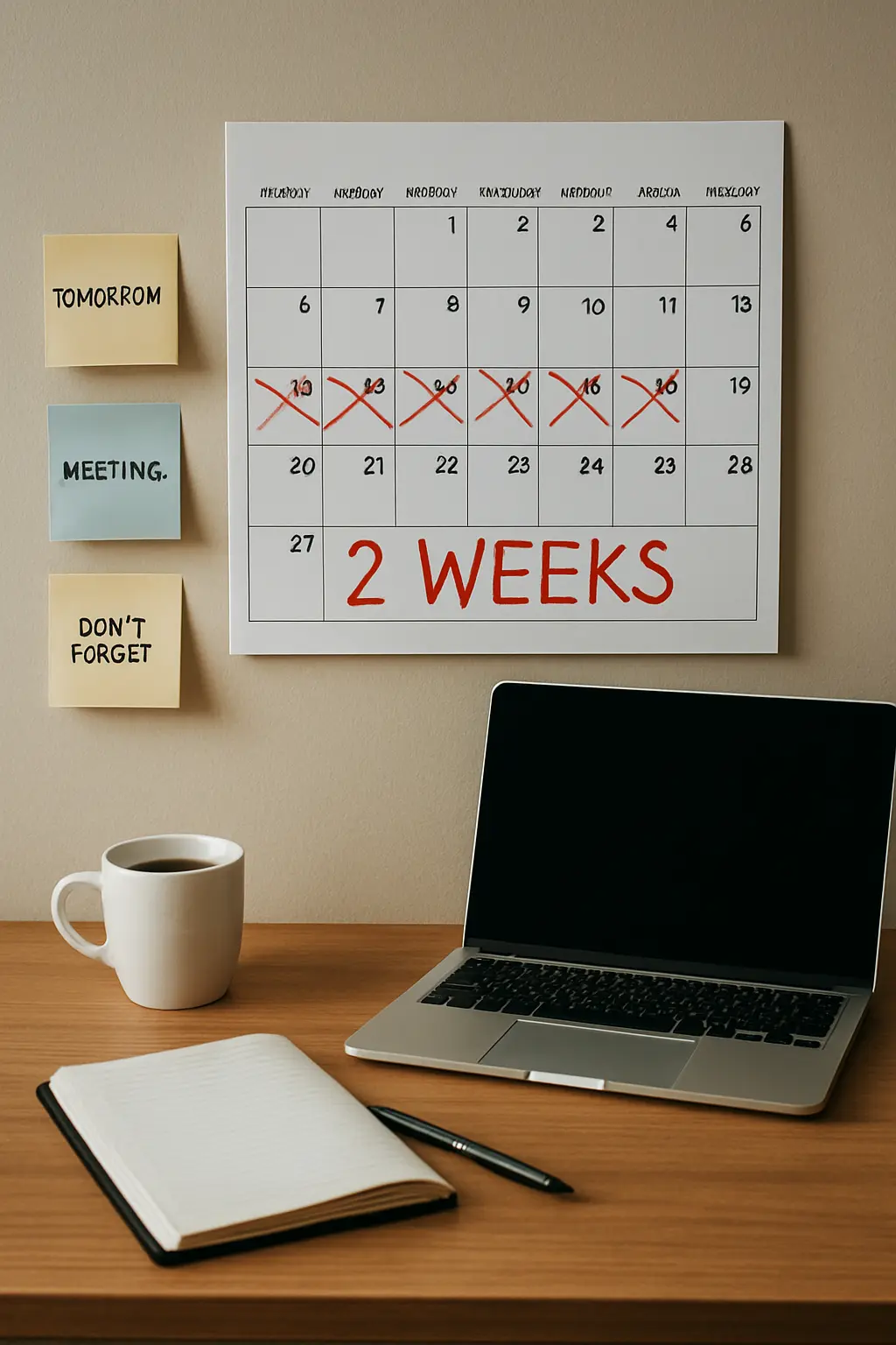 Calendario con una cuenta atrás de dos semanas sobre el escritorio de un estudiante