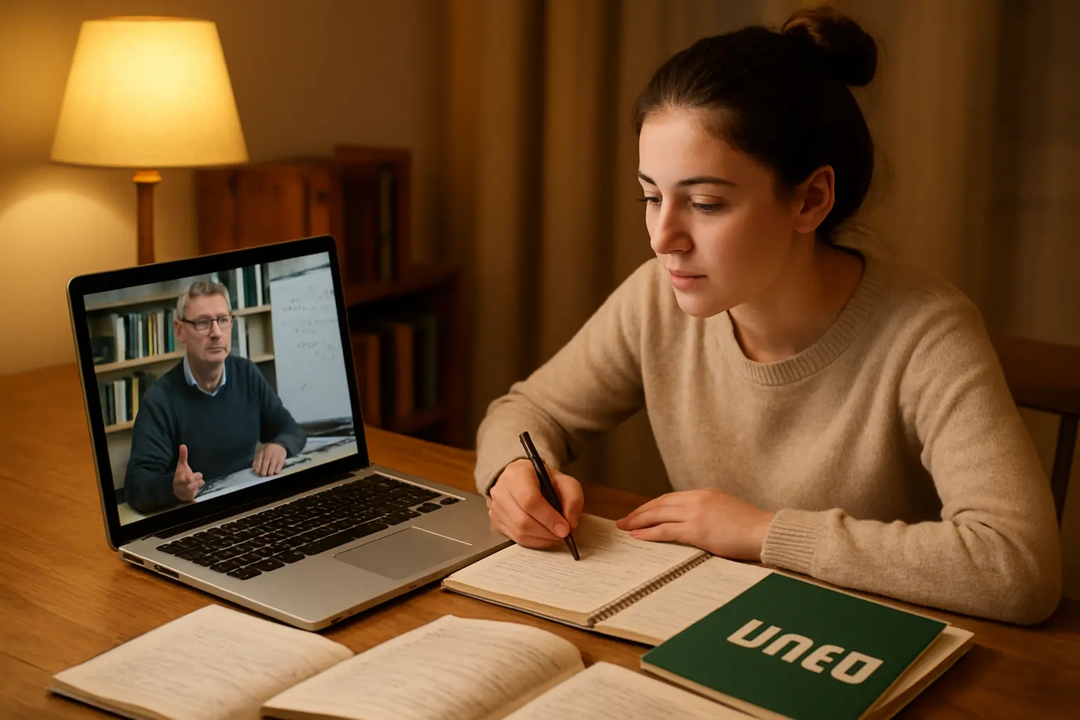 Estudiante siguiendo una tutoría online de la UNED desde su ordenador en casa